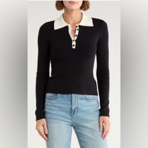 French Connection Contrast Collar Polo Sweater, Black and Cream, NWOT, Size L
